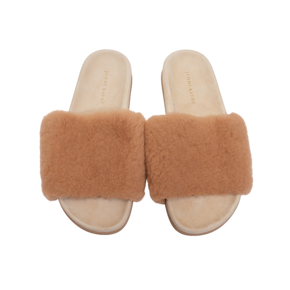 Jenni Kayne Shearling Slide Sandals Women Size 39 US 9 Tan Suede Made in Italy